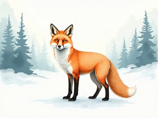 Majestic red fox stands gracefully in a snowy forest landscape under soft winter light