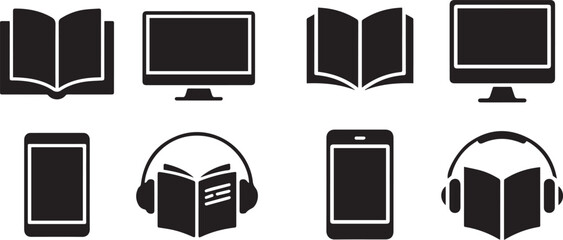 Black and white icons depicting books tablets monitors and books with headphones