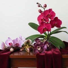 Orchids bloom elegantly on a wooden surface