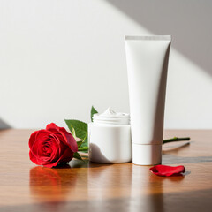 Cosmetic products display elegance on wooden surface