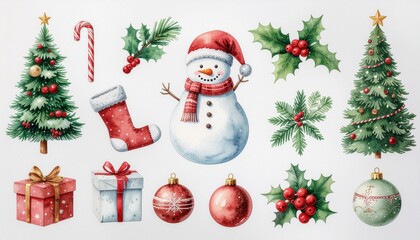Delightful watercolor collection of festive Christmas elements including trees, snowman, ornaments, gifts, and holly for joyous holiday designs.