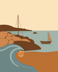 Sailboats gliding in a serene bay at sunset with gentle waves lapping against rocky shores