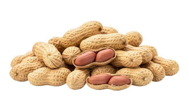 Pile of peanuts with some opened shells isolated on transparent background