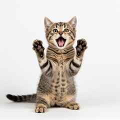 Tabby kitten celebrates playfully in studio