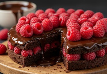 Chocolate cake glistens with raspberries in a dessert display
