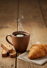 Coffee invitingly on rustic wood