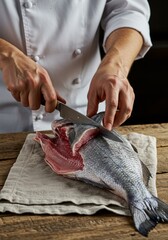 Chef Fillets Fish on Wooden Counter