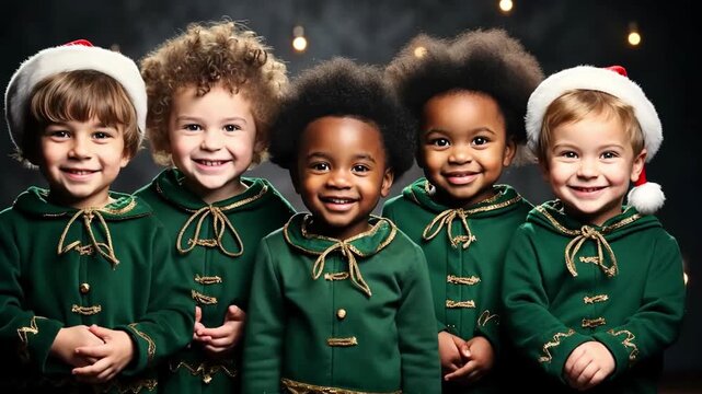 Five joyful Christmas children, boys in festive elf or gnome costumes and Santa hats jumping and dancing on a dark background with bokeh. Video of group of cheerful smiling children, little elf choir