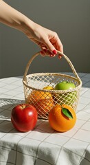 Fruit basket holds citrus and on tabletop