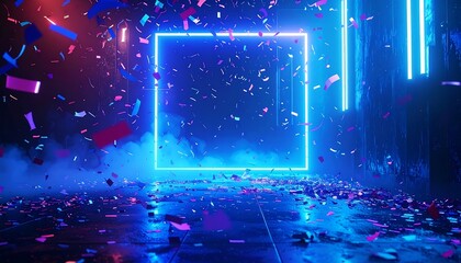 Glowing neon square with confetti falling in a misty scene, reflecting on a polished surface