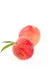 Fresh Summer Peaches with Leaves Isolated on White Background