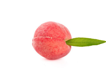 Fresh Ripe Peach with Green Leaf Isolated on White Background