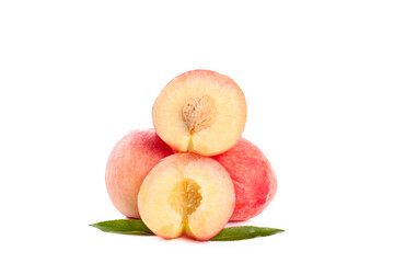 Fresh Ripe Peaches Cut in Half on White Background - Summer Fruit Stock Photo