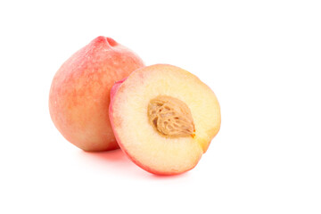 Fresh Summer Peach Cut in Half on White Background