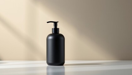 Obraz premium Sleek matte black liquid soap dispenser modern bathroom product photography minimalist environment close-up view