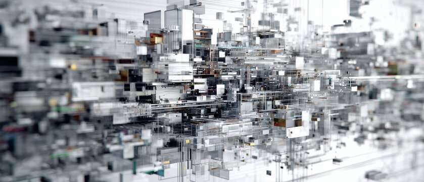 Abstract Data Visualization of Complex System in Low Angle Shot with Depth of Field; Illustrative of Technology and Information