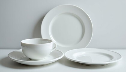 Fototapeta premium Elegant white dinnerware set modern kitchen product photography minimalist top-down view timeless design