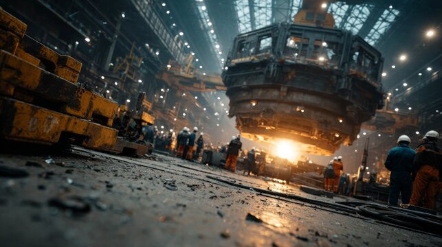 Industry's Forge: A glimpse into an industrial setting, with workers overseeing the forging and casting of a massive structure. Sparks fly as molten metal takes shape. - Powered by Adobe