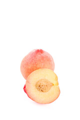 Fresh Summer Peach Fruit Whole and Sliced Half with Pit on White Background