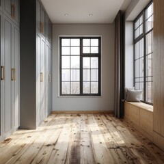 Fototapeta premium Interior of bright modern room with large windows and wooden floorboards and gray cabinets and window seat