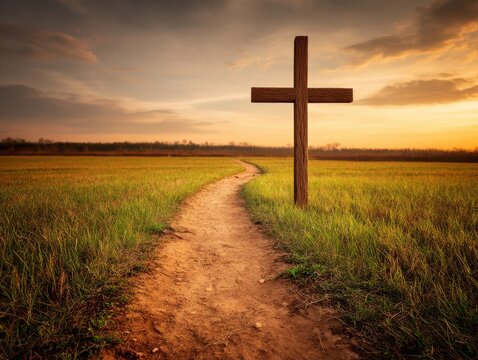 Wooden Cross Stands Tall Beside a Dirt Path Leading Through a Grassy Field at Sunset in a Peaceful Rural Landscape - Powered by Adobe