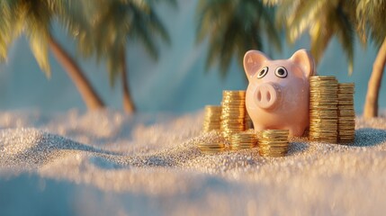 Piggy bank saving money for tropical vacation concept close up on beach with palm trees financial planning for retirement