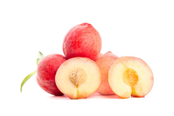 Fresh Summer Peaches Whole and Sliced on White Background