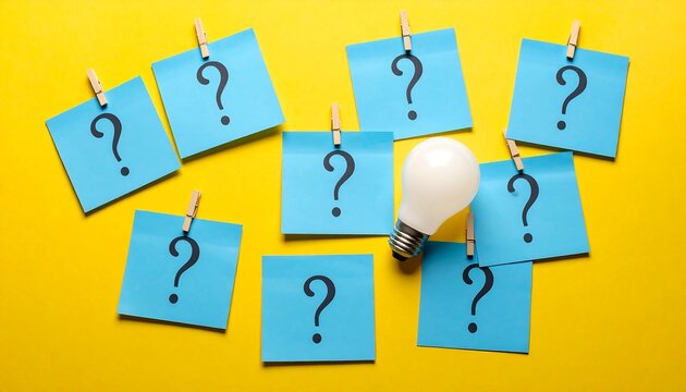 Light bulb amidst question-mark notes, clipped on bright yellow.  Symbolic of ideas and questions - Powered by Adobe