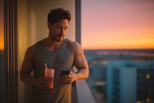 Young man enjoying smoothie while checking phone at sunset city view - Powered by Adobe