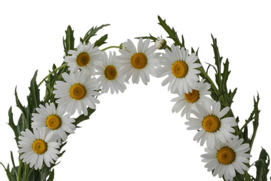 Fresh white daisy flowers arranged in an elegant arc shape, vibrant spring blooms, isolated isolated on transparent background
