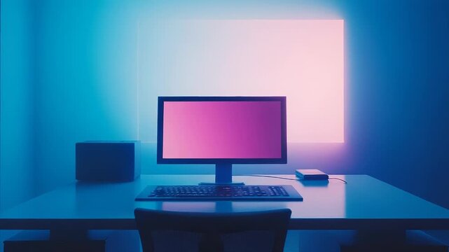 Desktop computer on desk in neon lit workspace