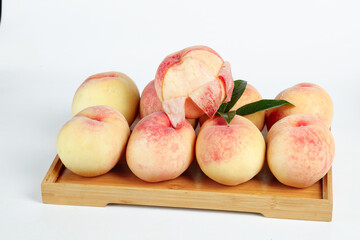 Fresh Summer Peaches on Wooden Tray - Ripe Fruit Harvest Display
