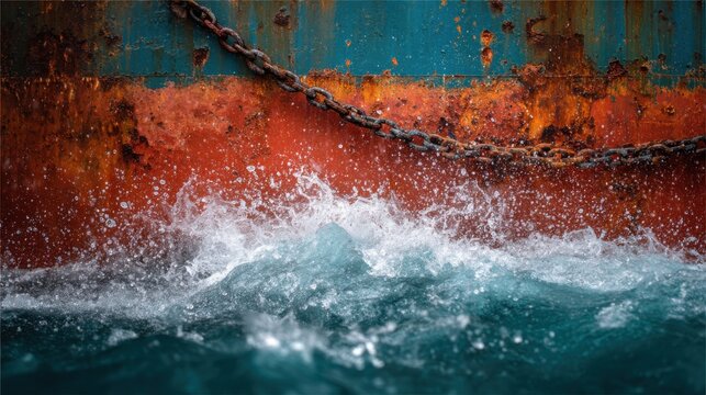 Splashing wave hitting rusty ship hull with chain closeup low angle nautical marine industry detail