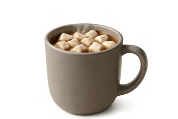 Hot chocolate with marshmallows creating steam in a gray mug, a cozy winter drink on a transparent background