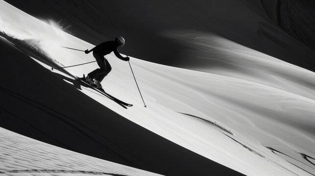 The stark contrast of black and white highlights a skier elegantly maneuvering down pristine snow slopes, capturing the thrill and beauty of winter sports in a minimalist style. - Powered by Adobe