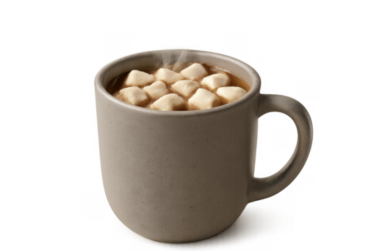Hot chocolate with marshmallows creating steam in a gray mug, a cozy winter drink on a transparent background