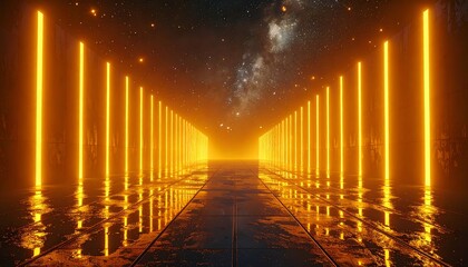Glowing orange light pillars line a reflective corridor leading to a distant starry sky beyond