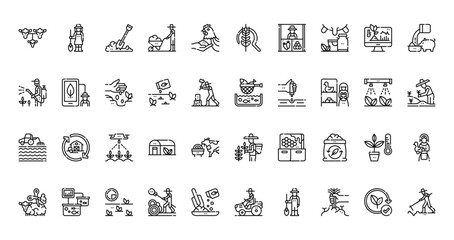 40 set of outline web farming activities icons such as peasant, rice, pesticide, pisciculture, cultivate, peasant, shearing vector thin icons for report, presentation, diagram, web design, mobile