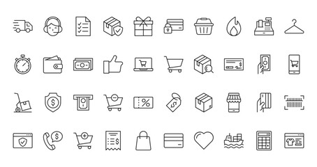 40 set of outline web ecommerce icons such as customer support, secure payment, stopwatch, cart, hand truck, price tag, website vector thin icons for report, presentation, diagram, web design,