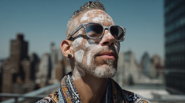 Middle-Aged Caucasian Man with Vitiligo Applying Sunscreen in Urban Rooftop Setting