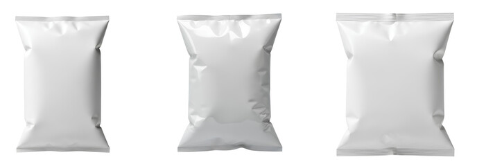 White Chips Bag Mockup Tall set PNG. Blank foil snack or candy packaging isolated for branding design. Realistic food pouch template PNG