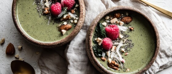 Green Smoothie Bowls with Raspberry and Almond Toppings Overhead Close-up in Rustic Wooden Bowls on Neutral Linen