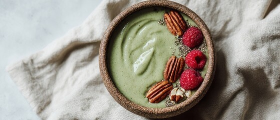 Overhead view of green smoothie bowl with raspberries pecans and chia seeds on linen cloth healthy breakfast food photography