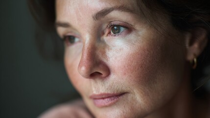 Obraz premium Close-Up Portrait of a Middle-Aged Woman Highlighting Surgical Scars and Acne, Showcasing Natural Beauty and Emotion