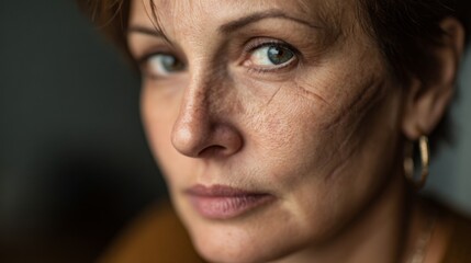 Fototapeta premium Close-Up Portrait of a Middle-Aged Woman with Surgical and Acne Scars on Her Face