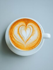 Latte art heart in white cup on gray surface aerial view coffee drink beverage cafe shop