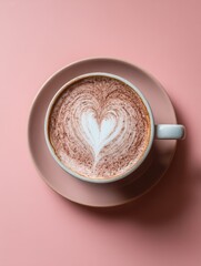 Overhead view of latte art heart in coffee cup on pink saucer and background studio shot