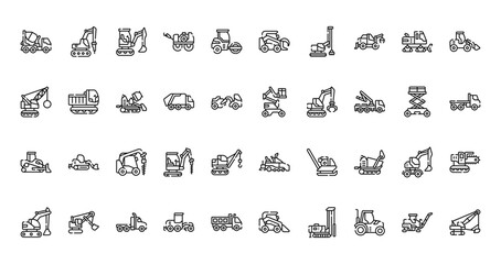 40 set of outline web construction vehicles icons such as hydraulic breaker, skid steer gr, demolition crane, boom lift, bulldozer, paver hine, excavator vector thin icons for report, presentation,