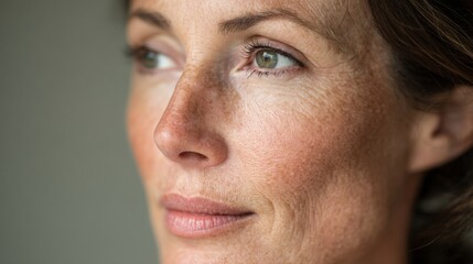 Fototapeta premium Middle-aged Woman with Scars from Surgical Procedures and Acne in a Softly Lit Portrait
