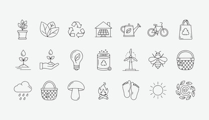 Sustainability Line Icon Set – Eco Energy, Green Environment, Renewable Resource Vector Collection